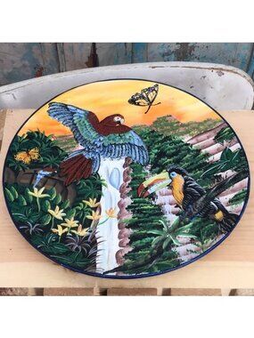 Hand-Painted Tropical Wildlife Decorative Plate With Hanging Ribbon 10 Inches